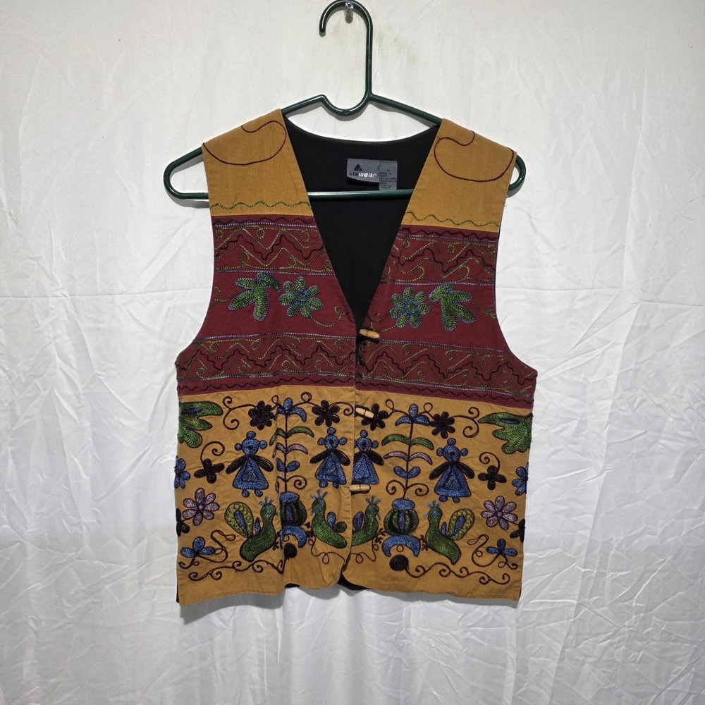 Lizwear Vintage Embroidered Folk Art Vest Mustard Burgundy Boho M